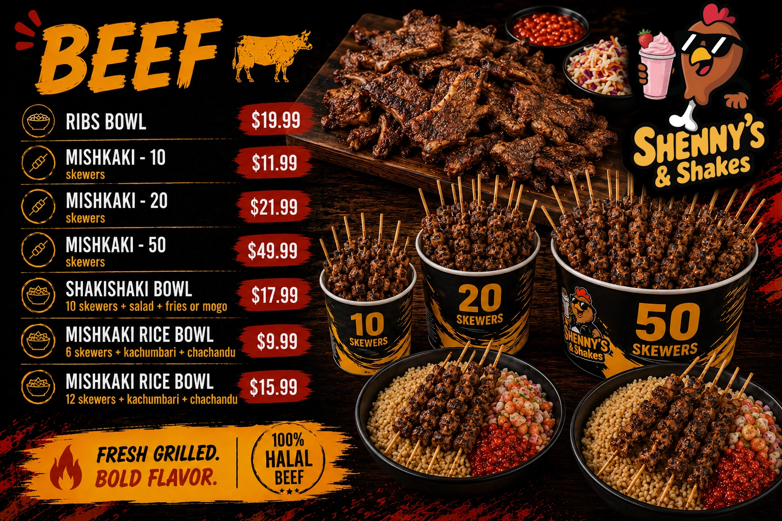 Beef Mishkaki and grilled halal beef at Shenny's & Shakes Calgary