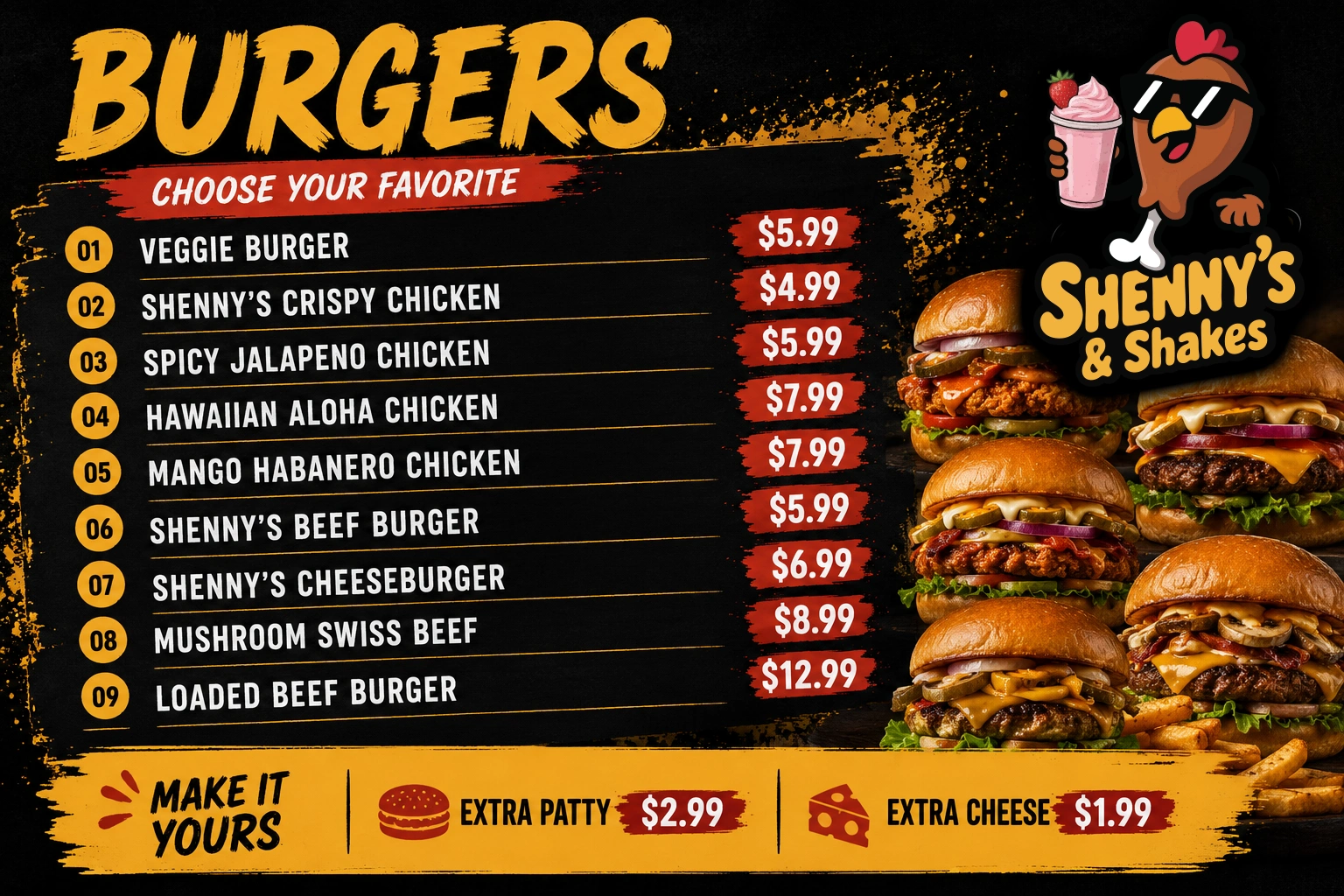 Fresh made-to-order burgers at Shenny's & Shakes Calgary
