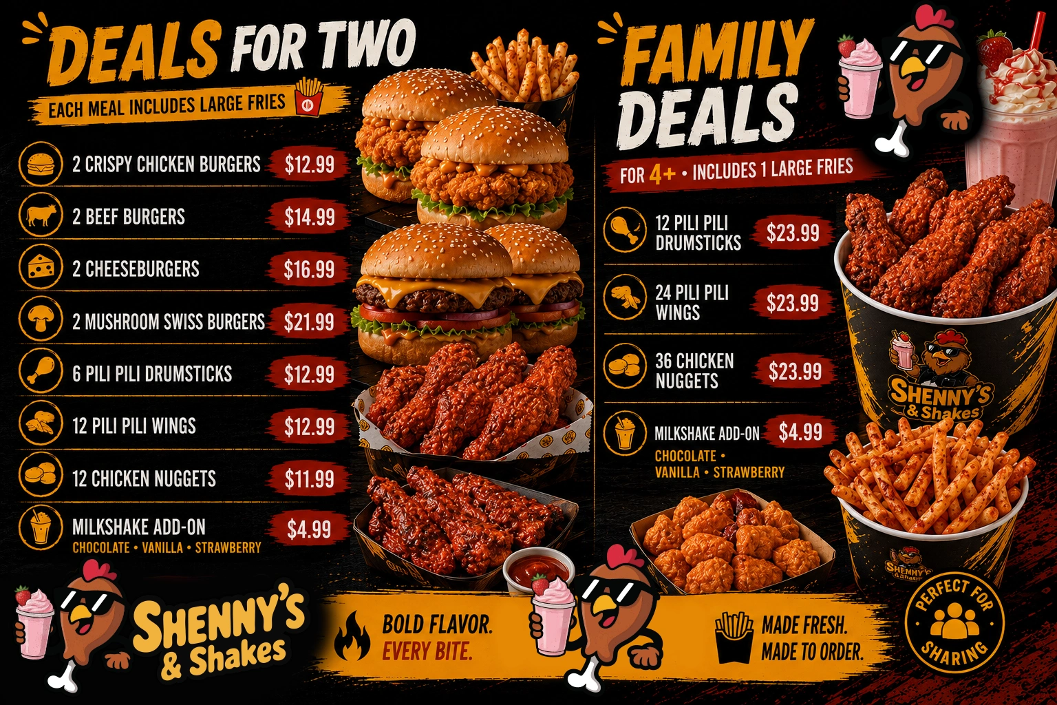 Deals for Two and family meal deals at Shenny's & Shakes Calgary